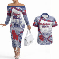 Personalised Salelologa Samoa Village Couples Matching Off The Shoulder Long Sleeve Dress and Hawaiian Shirt Polynesian Tribal Church Landmark Hibiscus Floral