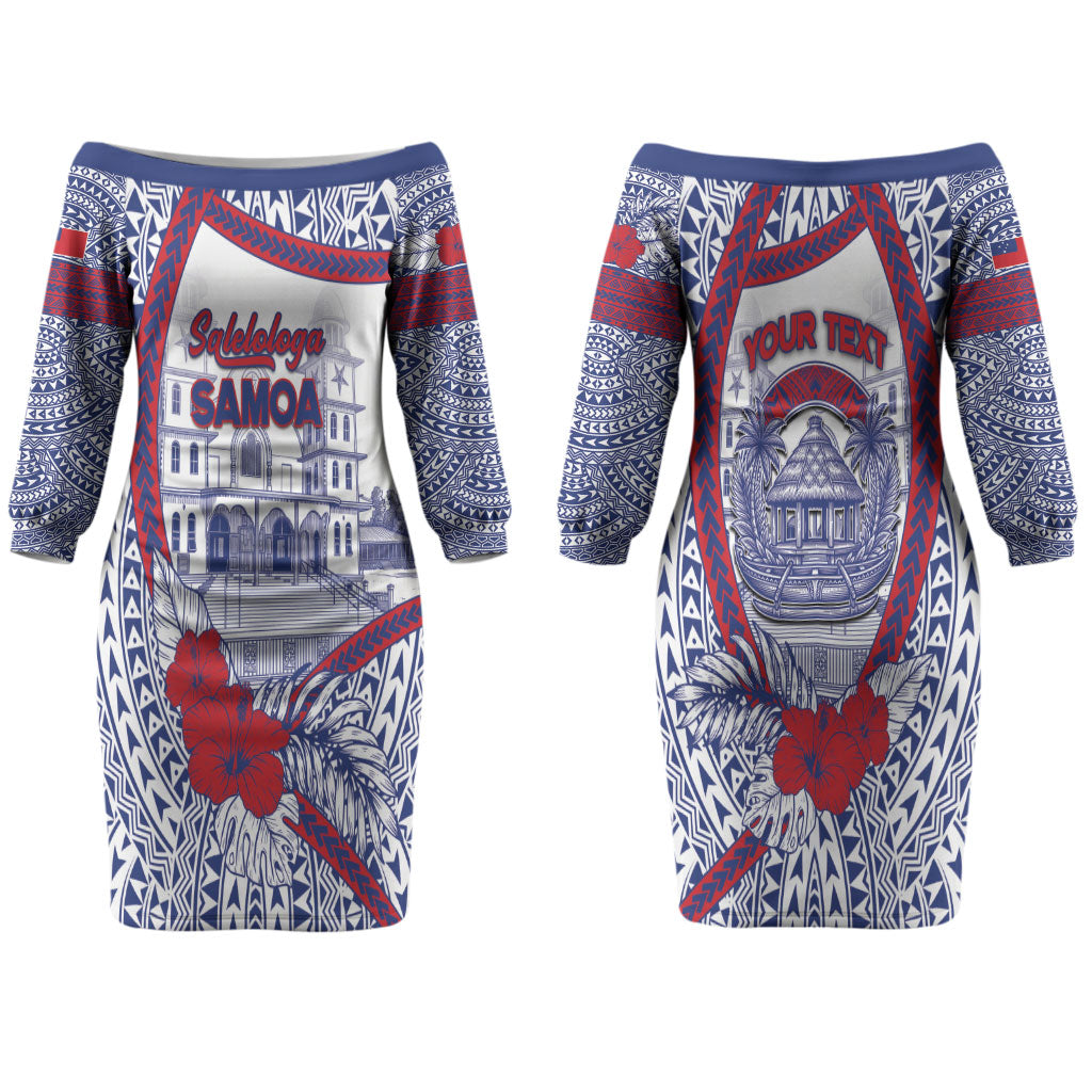 Personalised Salelologa Samoa Village Couples Matching Off The Shoulder Long Sleeve Dress and Hawaiian Shirt Polynesian Tribal Church Landmark Hibiscus Floral