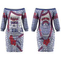 Personalised Salelologa Samoa Village Couples Matching Off The Shoulder Long Sleeve Dress and Hawaiian Shirt Polynesian Tribal Church Landmark Hibiscus Floral