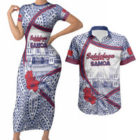 Personalised Salelologa Samoa Village Couples Matching Short Sleeve Bodycon Dress and Hawaiian Shirt Polynesian Tribal Church Landmark Hibiscus Floral