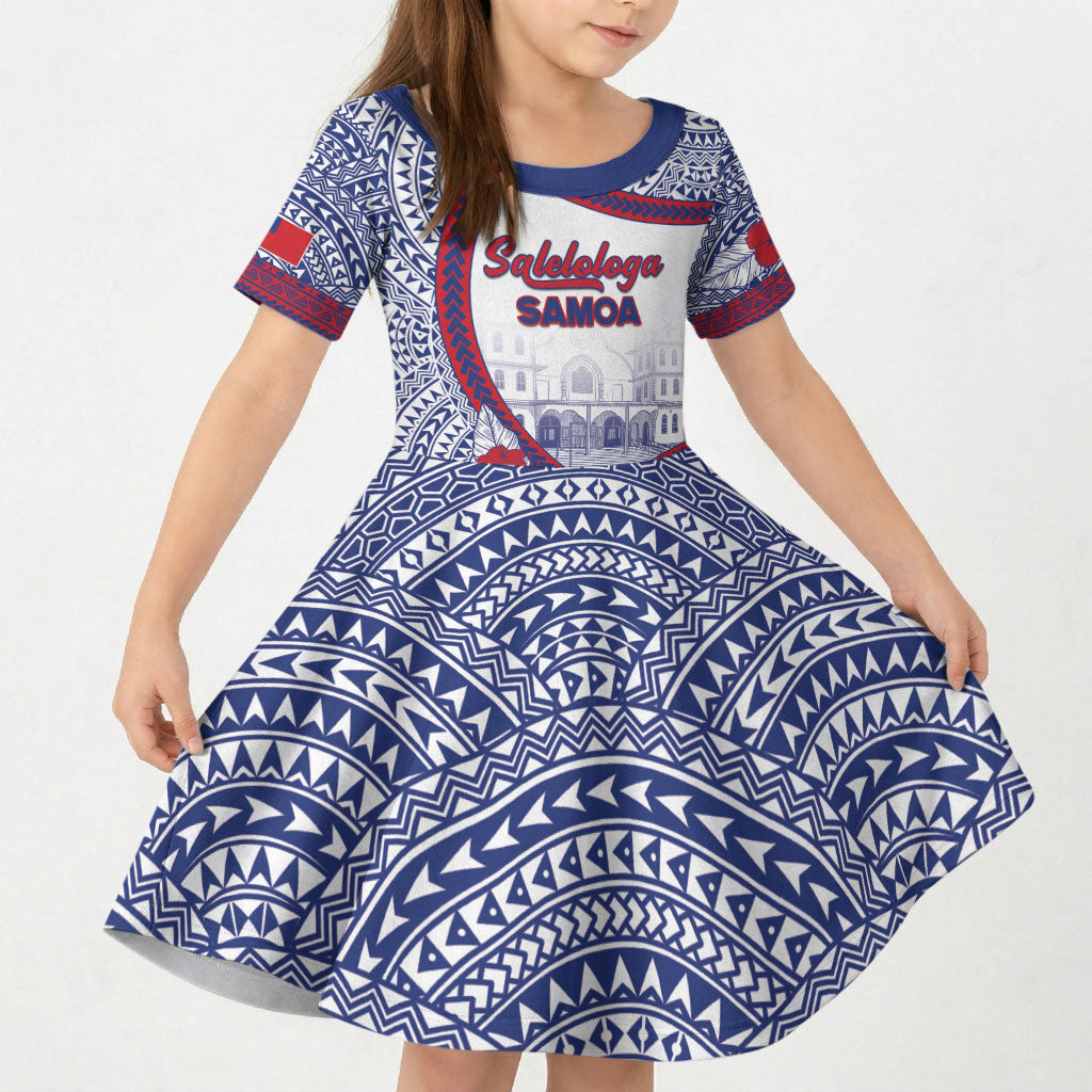 Personalised Salelologa Samoa Village Kid Short Sleeve Dress Polynesian Tribal Church Landmark Hibiscus Floral
