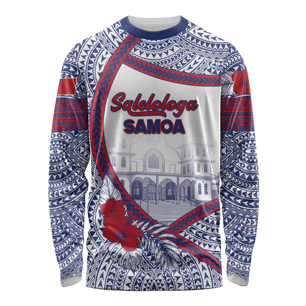 Personalised Salelologa Samoa Village Long Sleeve Shirt Polynesian Tribal Church Landmark Hibiscus Floral