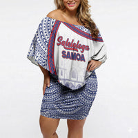 Personalised Salelologa Samoa Village Off Shoulder Short Dress Polynesian Tribal Church Landmark Hibiscus Floral