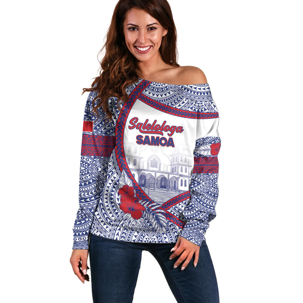 Personalised Salelologa Samoa Village Off Shoulder Sweater Polynesian Tribal Church Landmark Hibiscus Floral DT05 Women White - Polynesian Pride