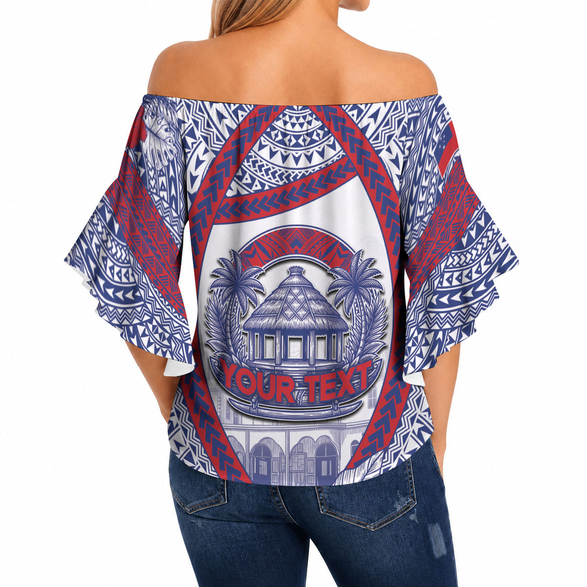 Personalised Salelologa Samoa Village Off Shoulder Wrap Waist Top Polynesian Tribal Church Landmark Hibiscus Floral