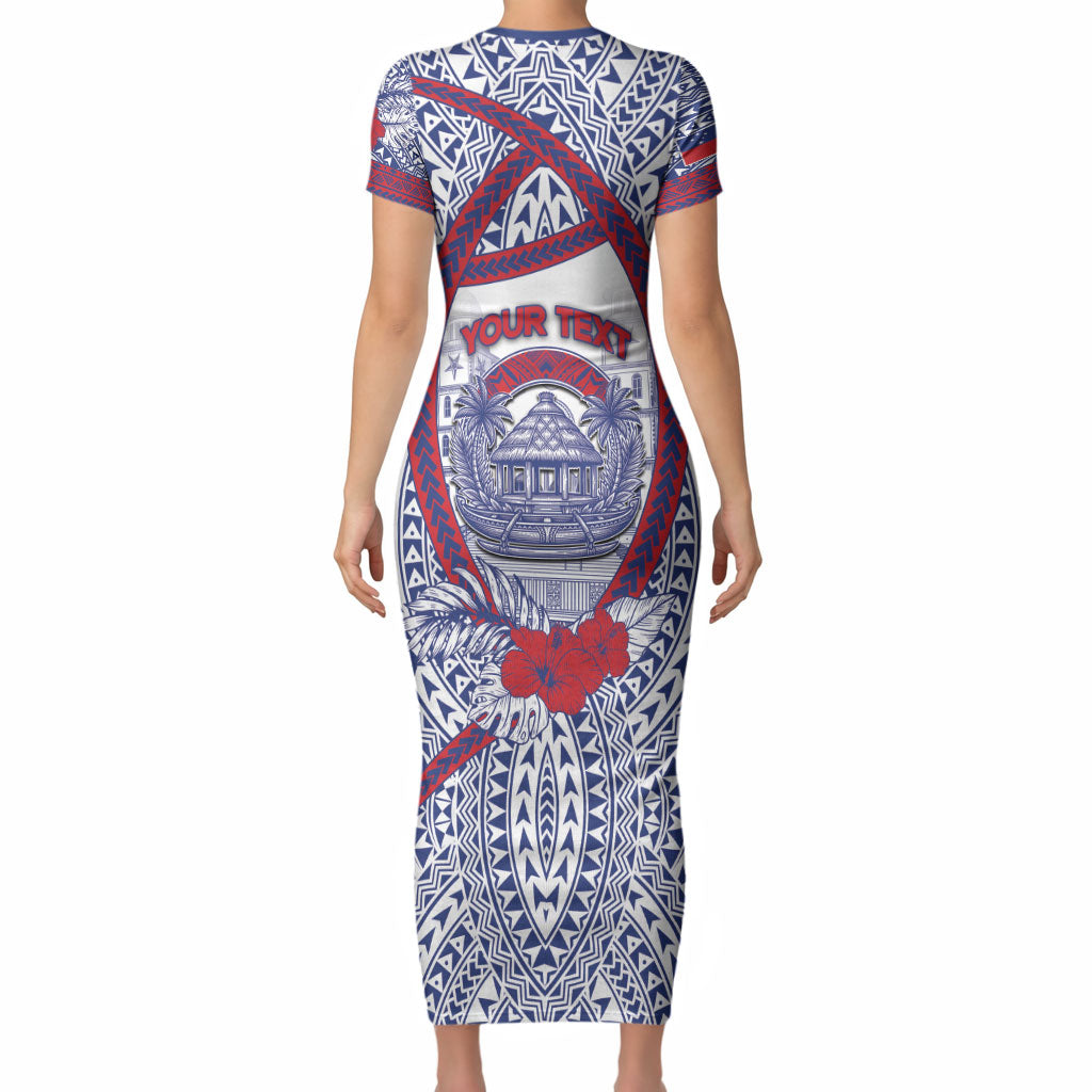 Personalised Salelologa Samoa Village Short Sleeve Bodycon Dress Polynesian Tribal Church Landmark Hibiscus Floral