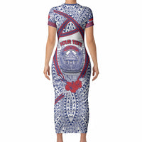 Personalised Salelologa Samoa Village Short Sleeve Bodycon Dress Polynesian Tribal Church Landmark Hibiscus Floral