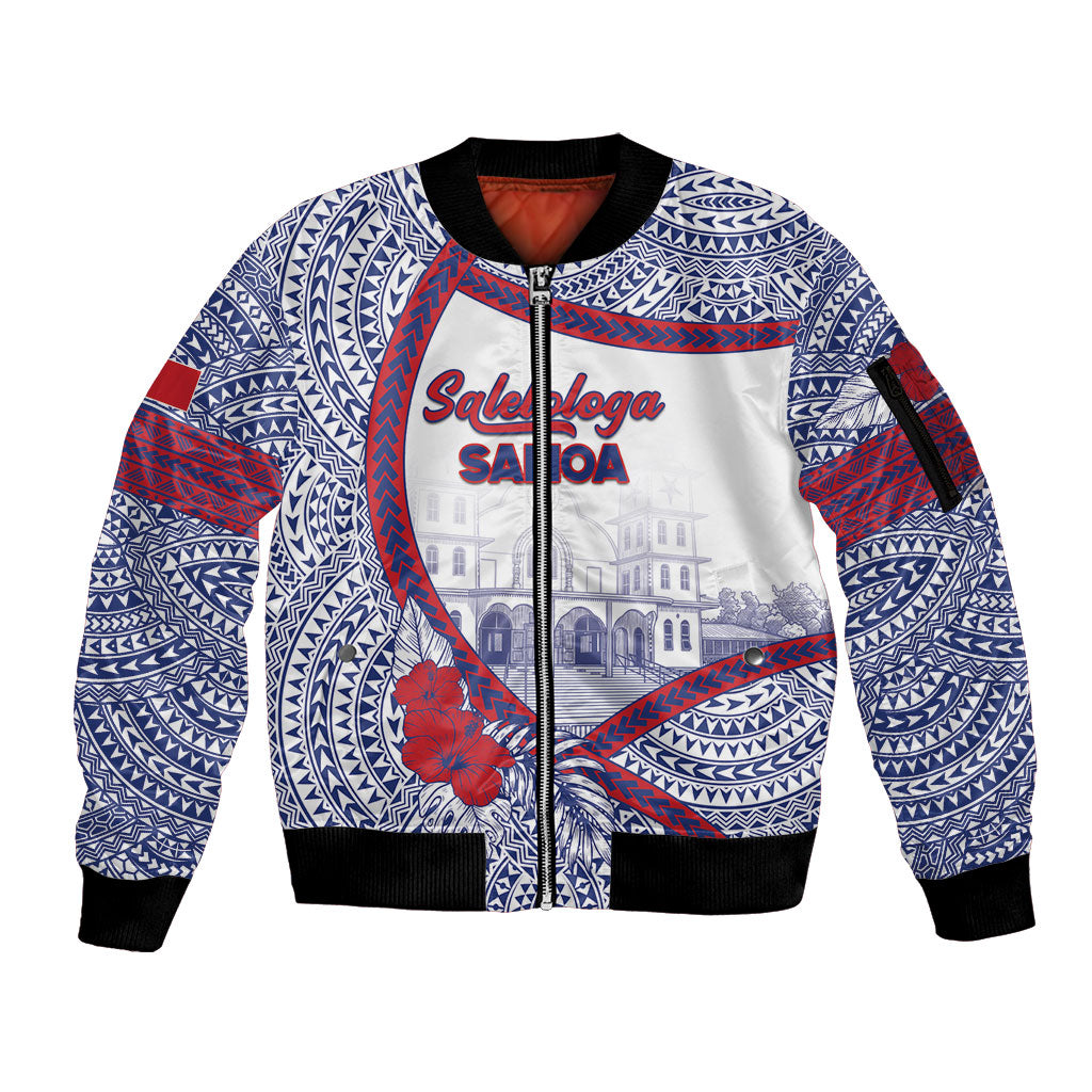 Personalised Salelologa Samoa Village Sleeve Zip Bomber Jacket Polynesian Tribal Church Landmark Hibiscus Floral DT05 Unisex White - Polynesian Pride
