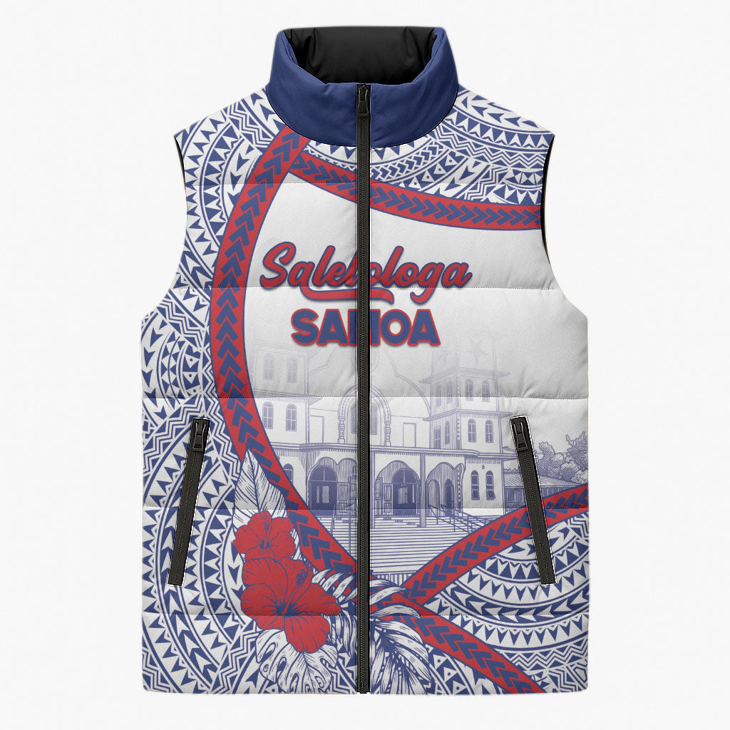 Personalised Salelologa Samoa Village Sleeveless Puffer Jacket Polynesian Tribal Church Landmark Hibiscus Floral DT05 Unisex White - Polynesian Pride
