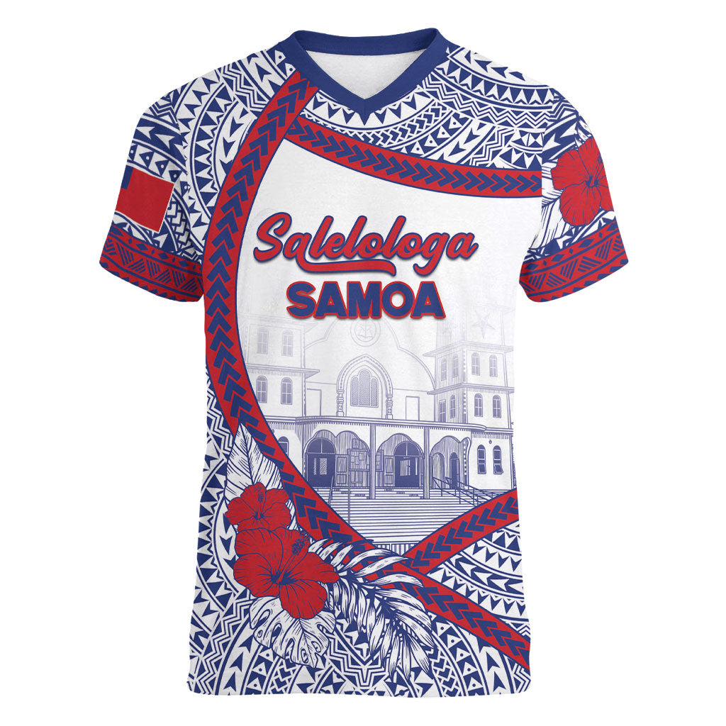 Personalised Salelologa Samoa Village Women V-Neck T-Shirt Polynesian Tribal Church Landmark Hibiscus Floral