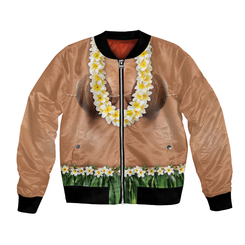 Hawaii Bikini Hula Costume Bomber Jacket Coconut Bra Plumeria Flower Lei Grass Skirt DT05 Unisex Beige - Polynesian Pride