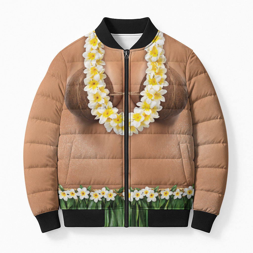 Hawaii Bikini Hula Costume Bomber Puffer Jacket Coconut Bra Plumeria Flower Lei Grass Skirt