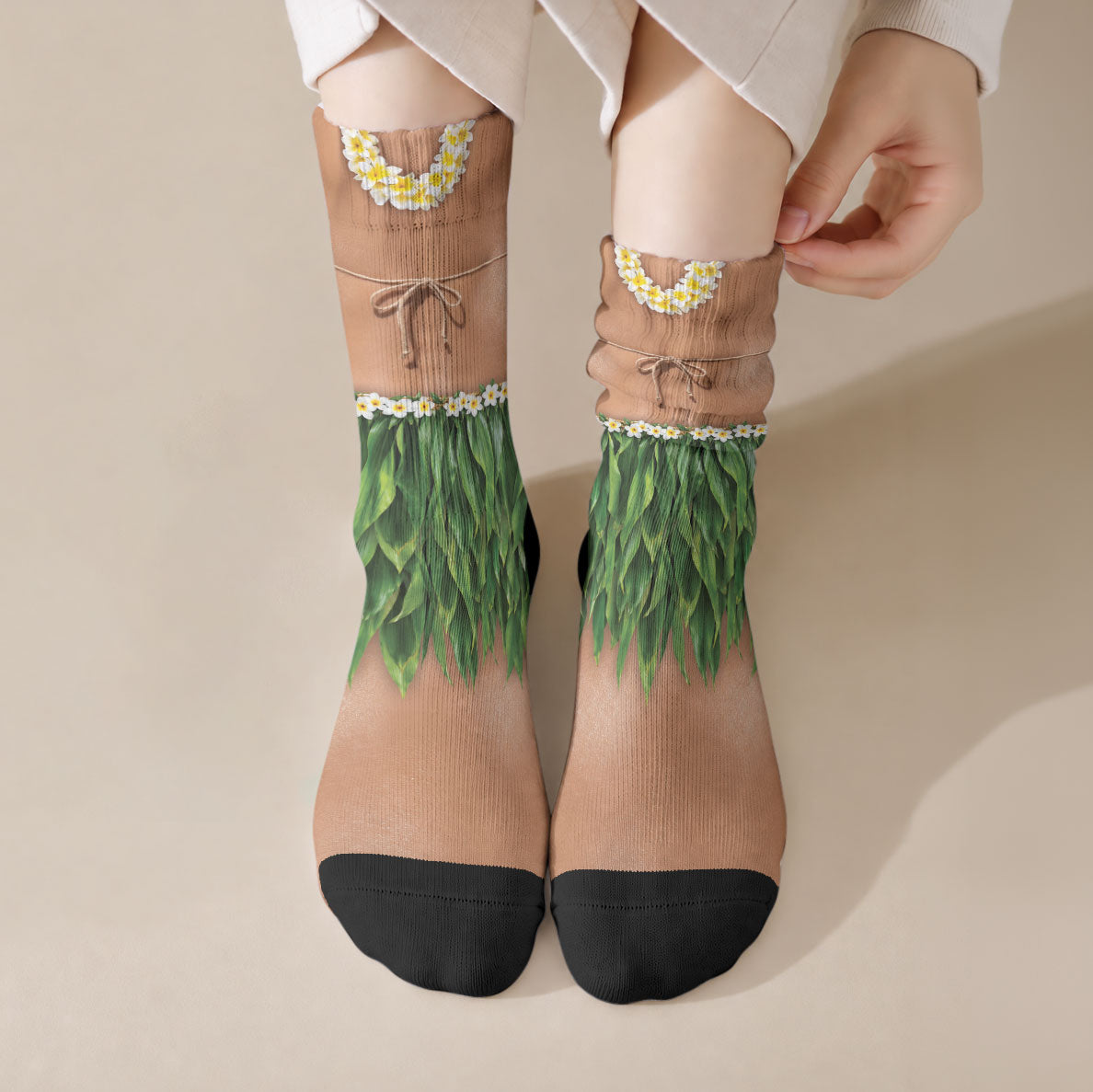 Hawaii Bikini Hula Costume Crew Socks Coconut Bra Plumeria Flower Lei Grass Skirt DT05 Crew Socks Beige - Polynesian Pride