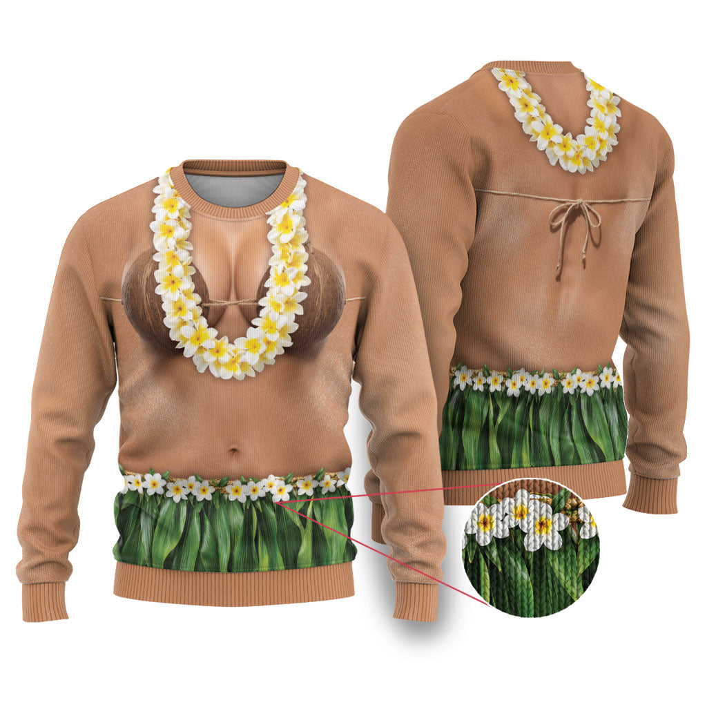 Hawaii Bikini Hula Costume Ugly Christmas Sweater Coconut Bra Plumeria Flower Lei Grass Skirt