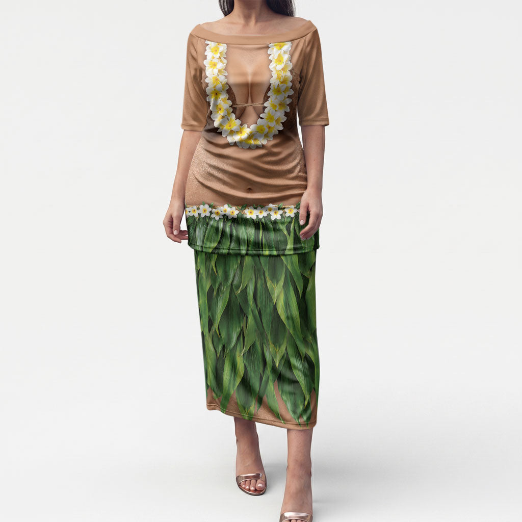 Hawaii Bikini Hula Costume Puletasi Coconut Bra Plumeria Flower Lei Grass Skirt DT05 Long Dress Beige - Polynesian Pride