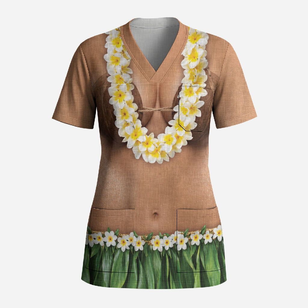 Hawaii Bikini Hula Costume Scrub Top Coconut Bra Plumeria Flower Lei Grass Skirt DT05 Adult Beige - Polynesian Pride