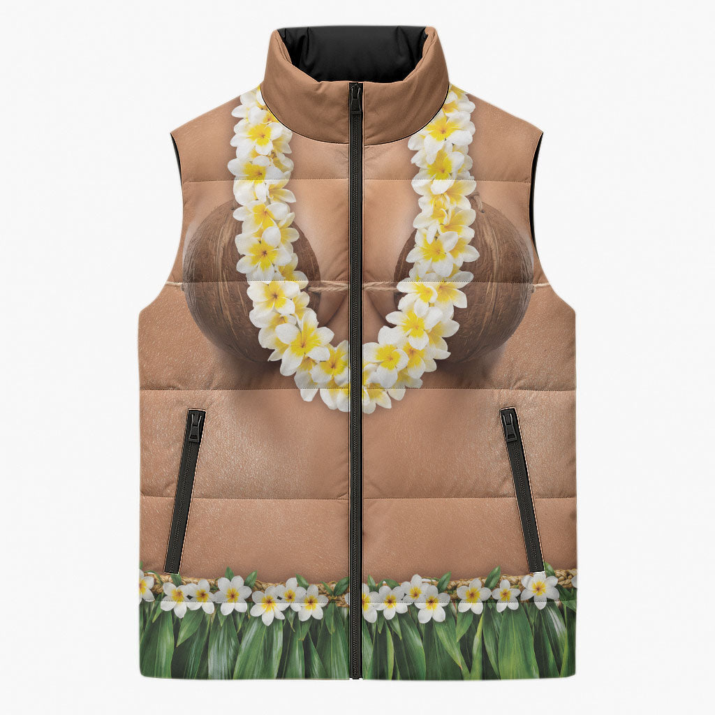 Hawaii Bikini Hula Costume Sleeveless Puffer Jacket Coconut Bra Plumeria Flower Lei Grass Skirt DT05 Unisex Beige - Polynesian Pride
