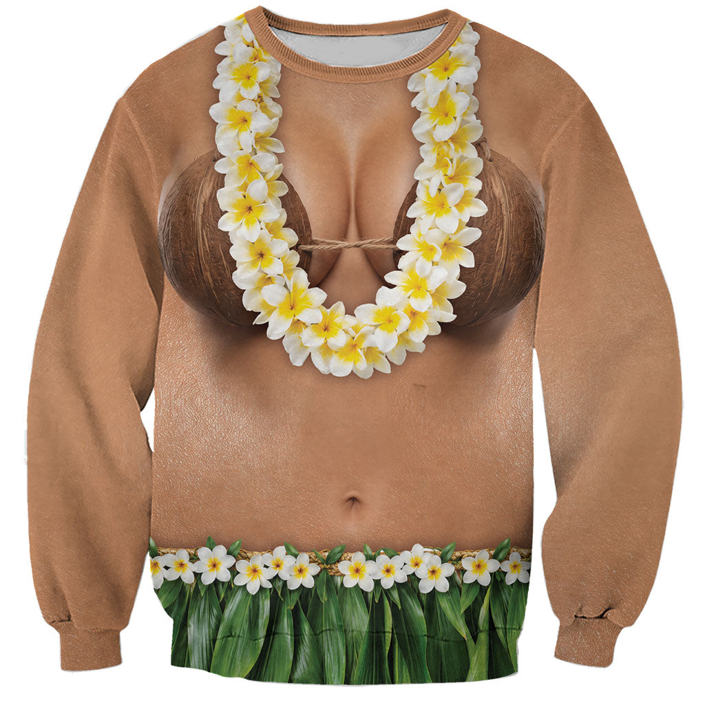 Hawaii Bikini Hula Costume Sweatshirt Coconut Bra Plumeria Flower Lei Grass Skirt