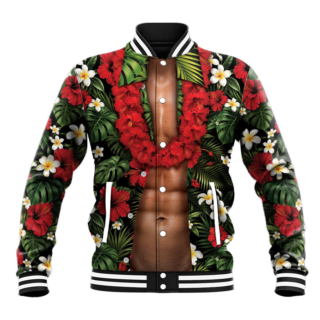 Hawaiian Floral Muscle Abs Baseball Jacket Six Pack Hibiscus Flower Lei Luau