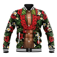 Hawaiian Floral Muscle Abs Baseball Jacket Six Pack Hibiscus Flower Lei Luau DT05 Unisex Black - Polynesian Pride