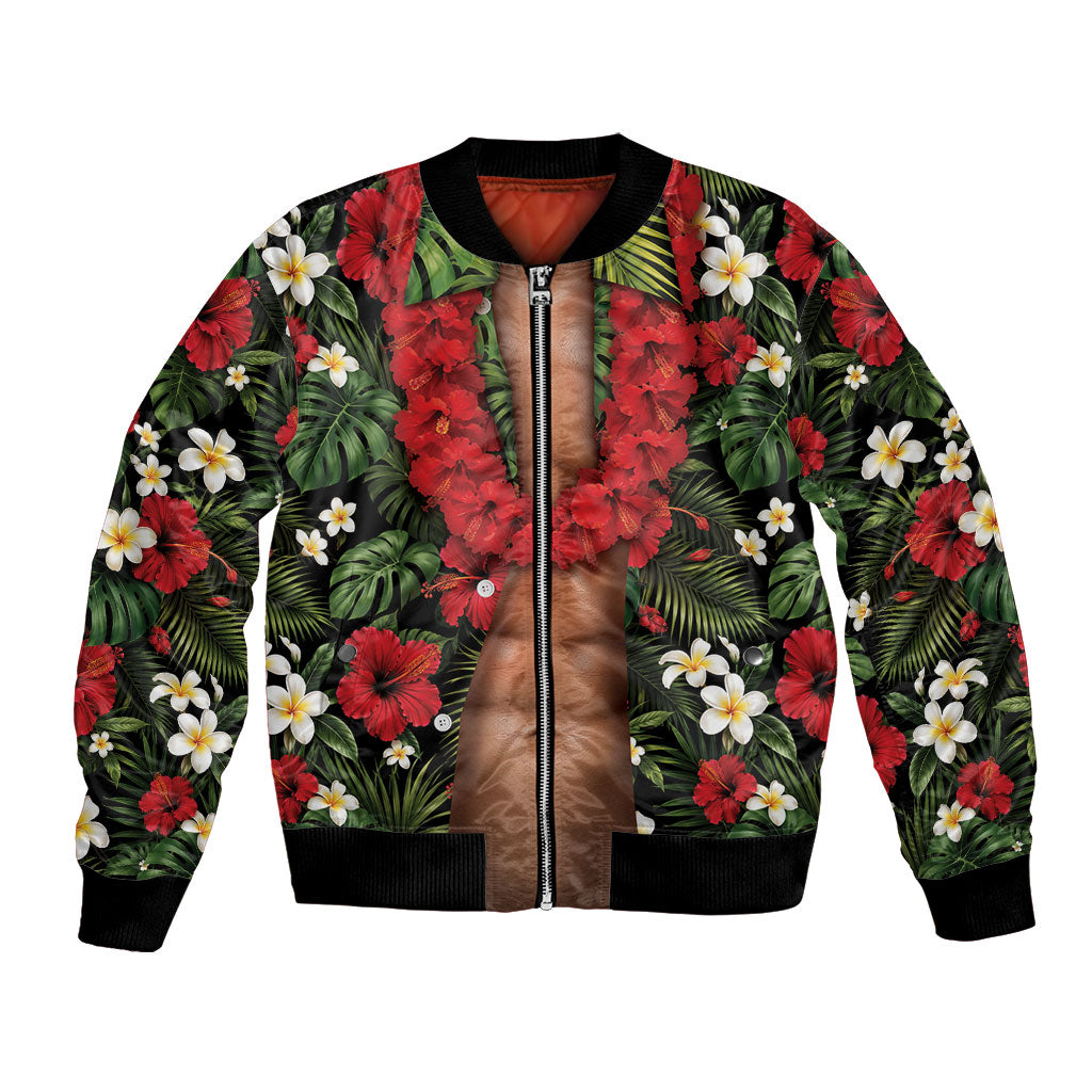 Hawaiian Floral Muscle Abs Bomber Jacket Six Pack Hibiscus Flower Lei Luau DT05 Unisex Black - Polynesian Pride