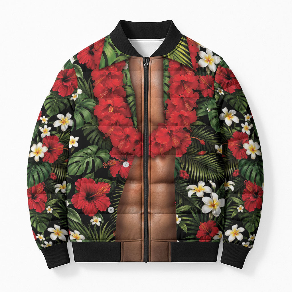 Hawaiian Floral Muscle Abs Bomber Puffer Jacket Six Pack Hibiscus Flower Lei Luau