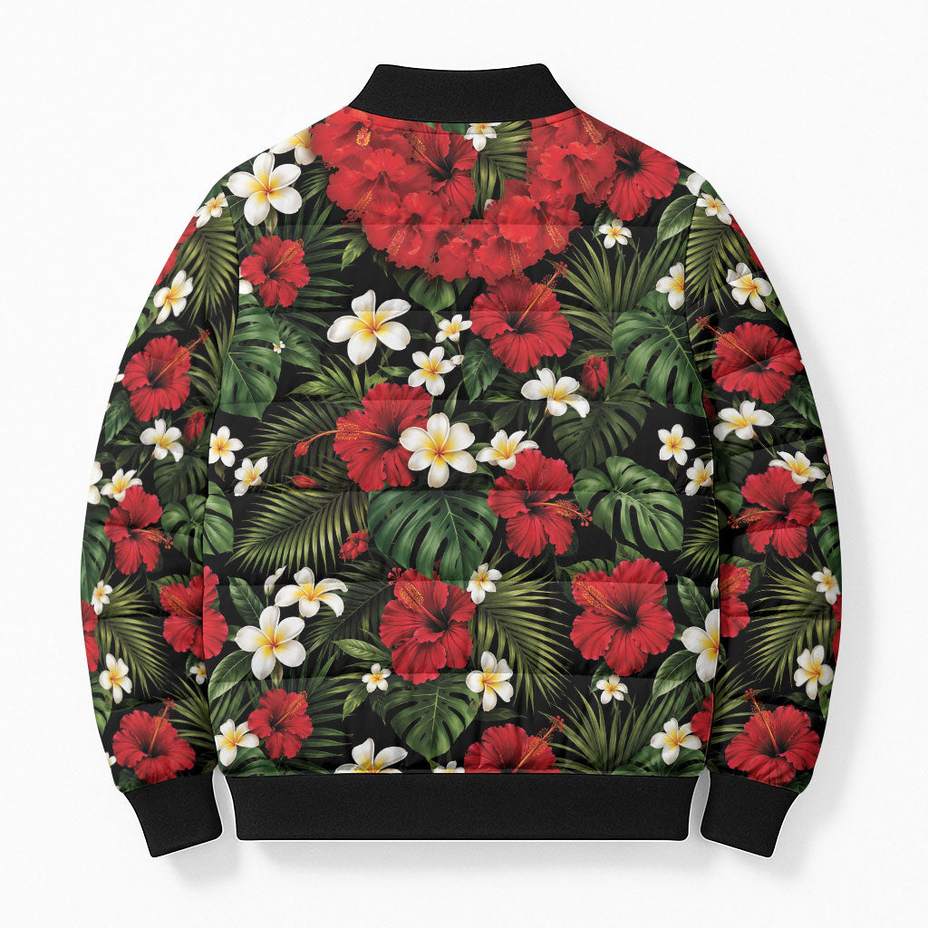 Hawaiian Floral Muscle Abs Bomber Puffer Jacket Six Pack Hibiscus Flower Lei Luau