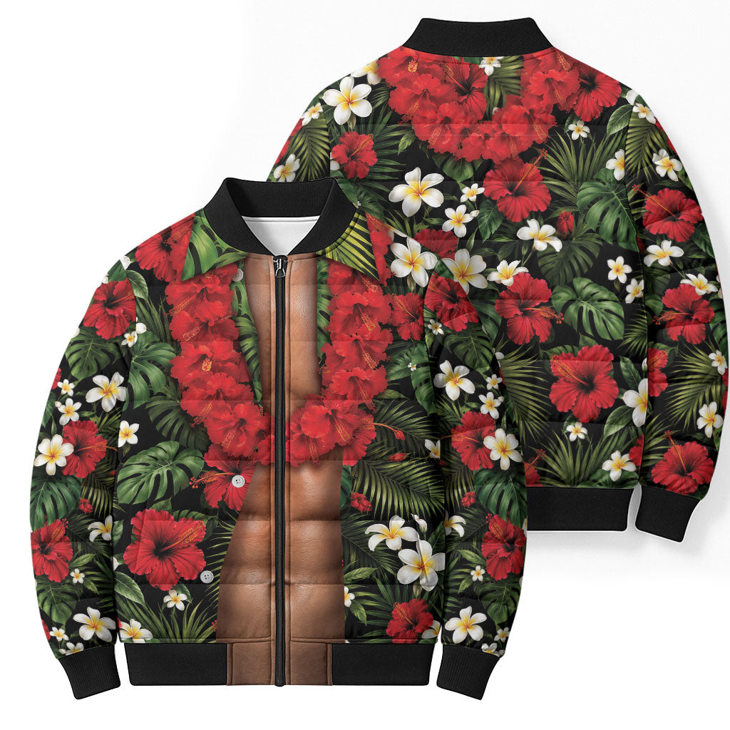 Hawaiian Floral Muscle Abs Bomber Puffer Jacket Six Pack Hibiscus Flower Lei Luau