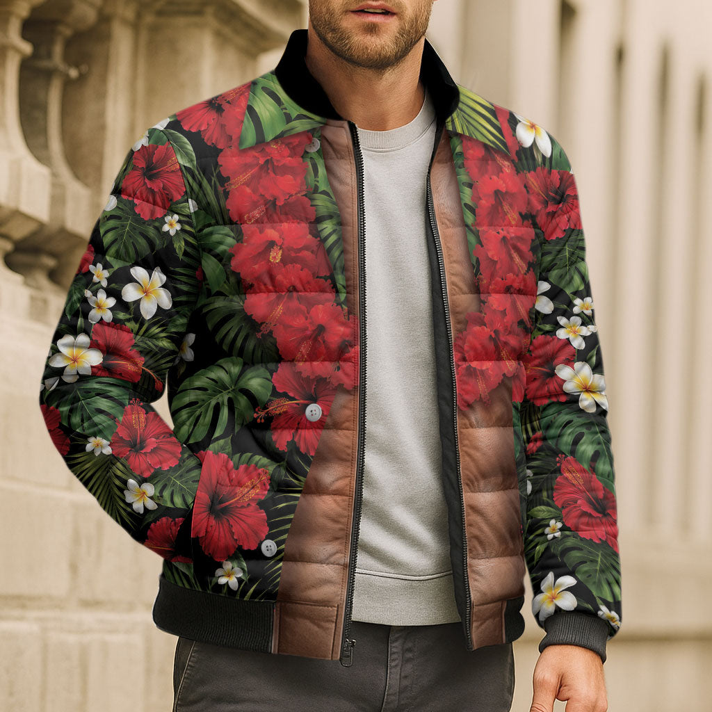 Hawaiian Floral Muscle Abs Bomber Puffer Jacket Six Pack Hibiscus Flower Lei Luau