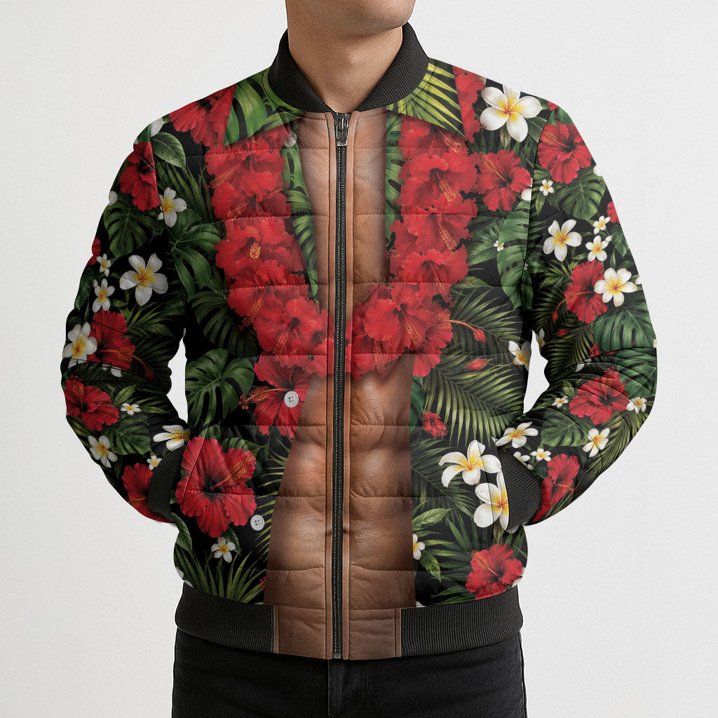 Hawaiian Floral Muscle Abs Bomber Puffer Jacket Six Pack Hibiscus Flower Lei Luau