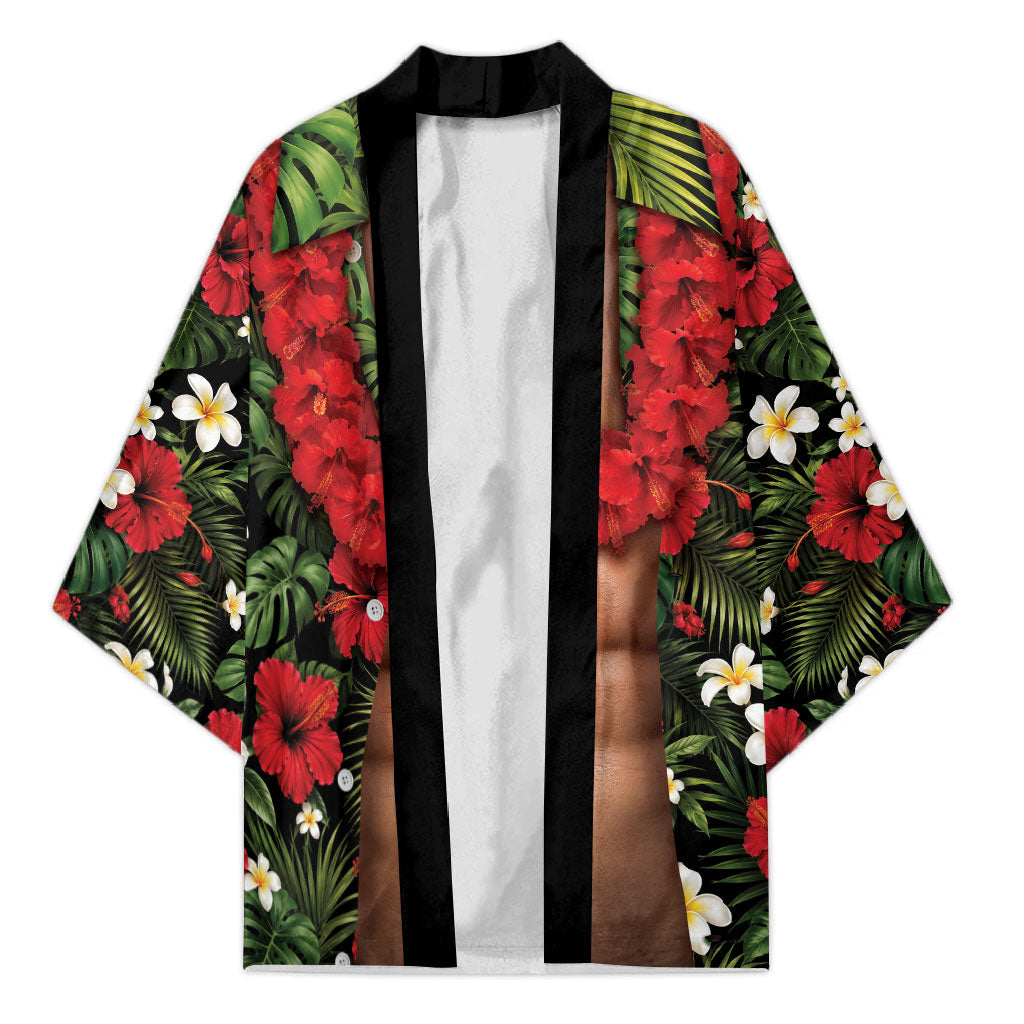 Hawaiian Floral Muscle Abs Kimono Six Pack Hibiscus Flower Lei Luau DT05 Unisex Black - Polynesian Pride