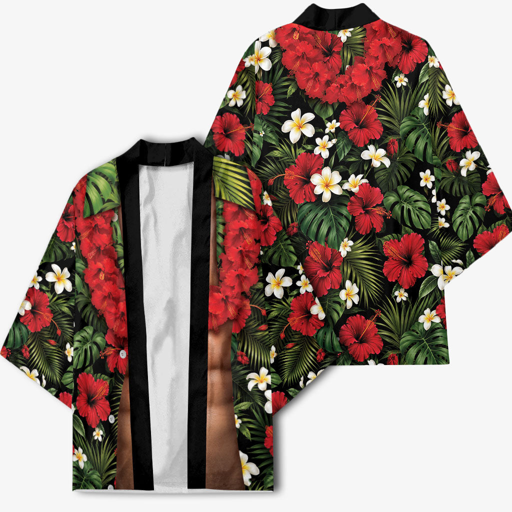 Hawaiian Floral Muscle Abs Kimono Six Pack Hibiscus Flower Lei Luau DT05 - Polynesian Pride