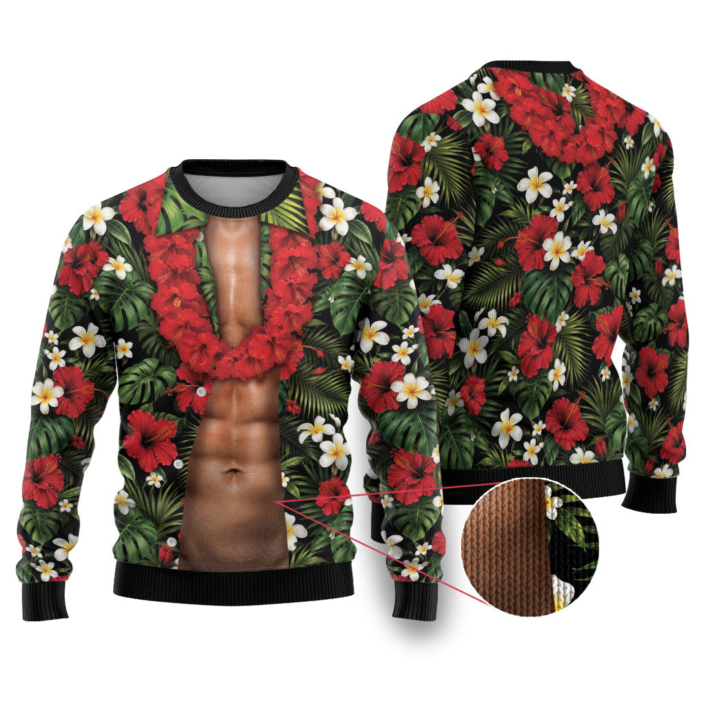 Hawaiian Floral Muscle Abs Ugly Christmas Sweater Six Pack Hibiscus Flower Lei Luau DT05 Black - Polynesian Pride