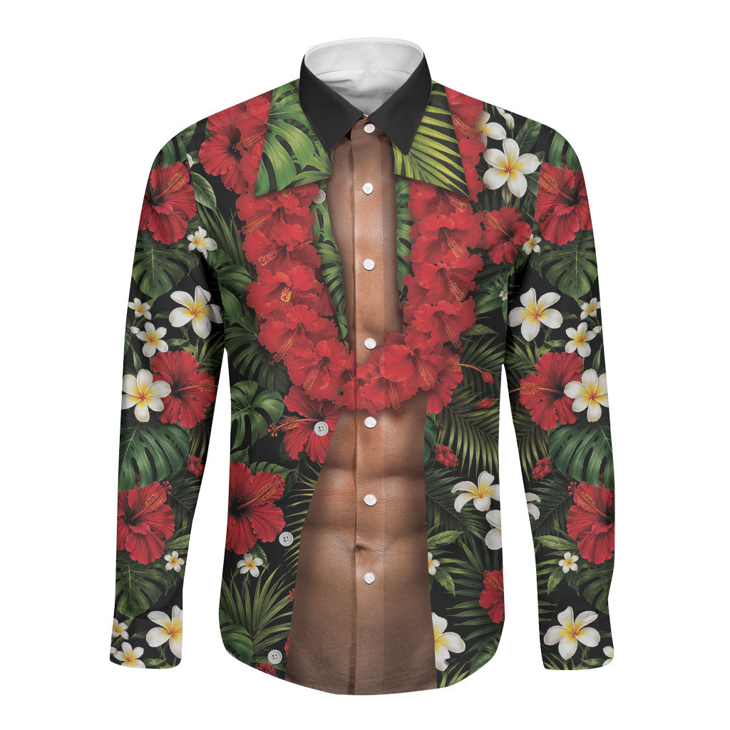 Hawaiian Floral Muscle Abs Long Sleeve Button Shirt Six Pack Hibiscus Flower Lei Luau