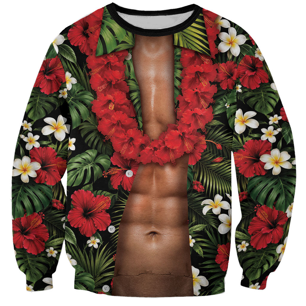 Hawaiian Floral Muscle Abs Sweatshirt Six Pack Hibiscus Flower Lei Luau
