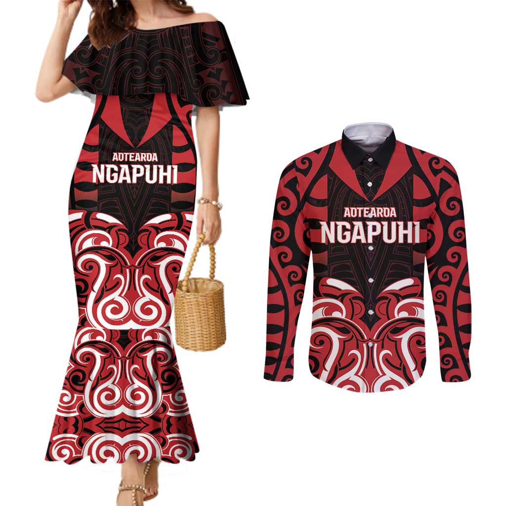 Custom Aotearoa Ngapuhi Couples Matching Mermaid Dress and Long Sleeve Button Shirt Maori Pattern New Zealand - Polynesian Pride