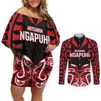 Custom Aotearoa Ngapuhi Couples Matching Off Shoulder Short Dress and Long Sleeve Button Shirt Maori Pattern New Zealand - Polynesian Pride
