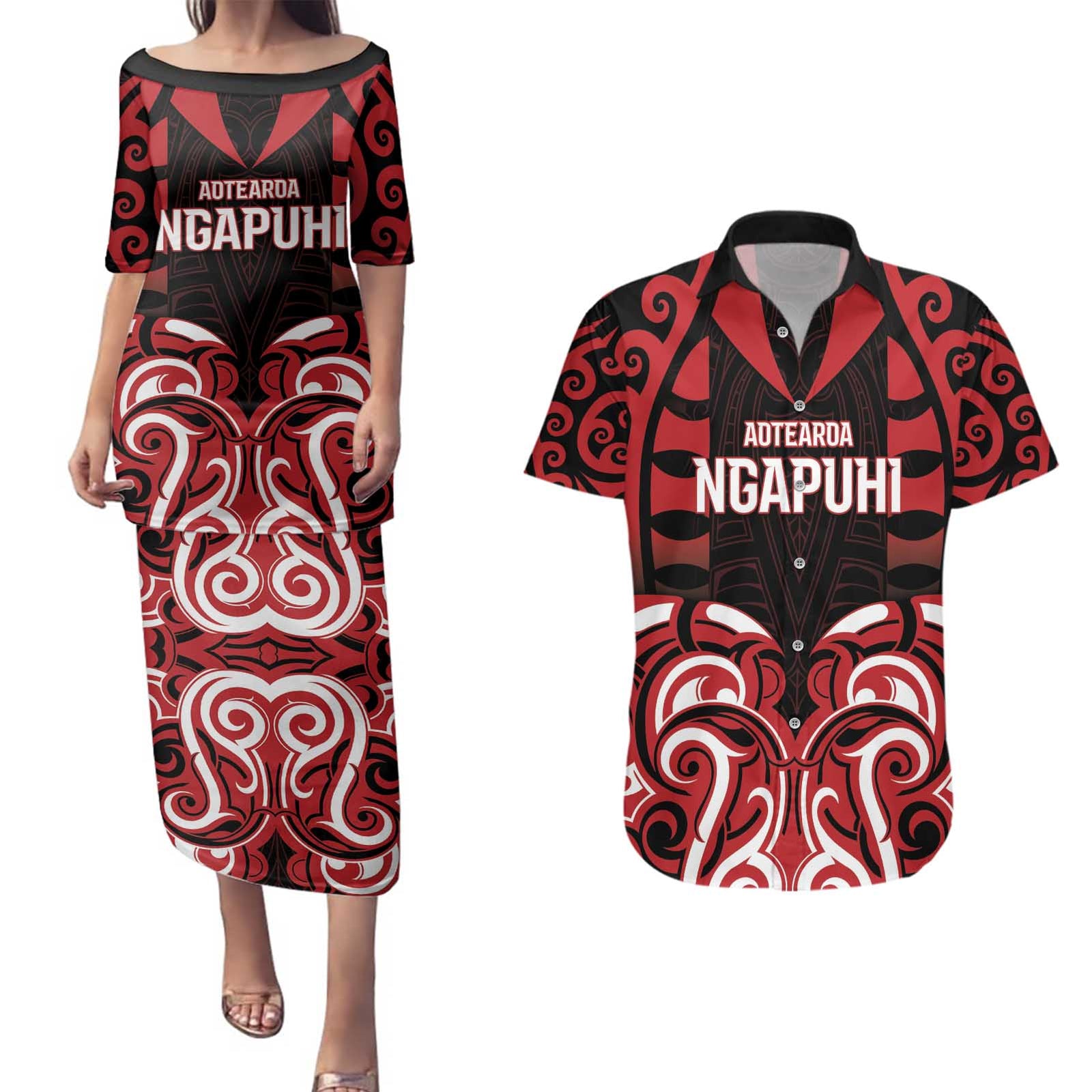 Custom Aotearoa Ngapuhi Couples Matching Puletasi and Hawaiian Shirt Maori Pattern New Zealand - Polynesian Pride