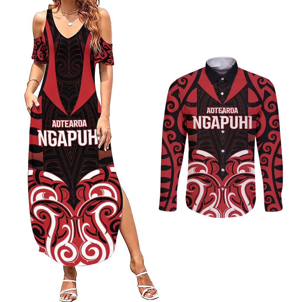 Custom Aotearoa Ngapuhi Couples Matching Summer Maxi Dress and Long Sleeve Button Shirt Maori Pattern New Zealand - Polynesian Pride