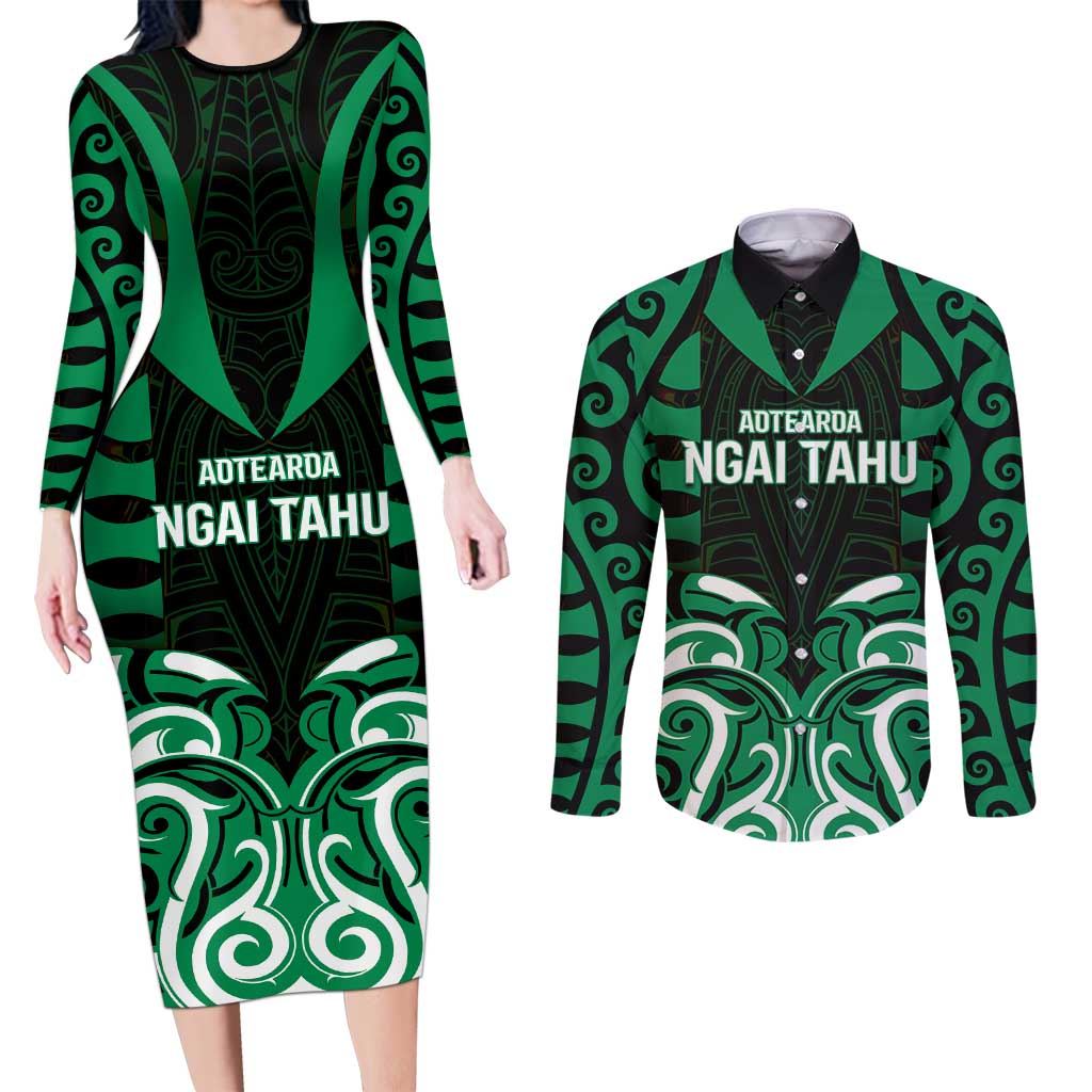 Custom Aotearoa Ngai Tahu Couples Matching Long Sleeve Bodycon Dress and Long Sleeve Button Shirt Maori Pattern New Zealand - Polynesian Pride