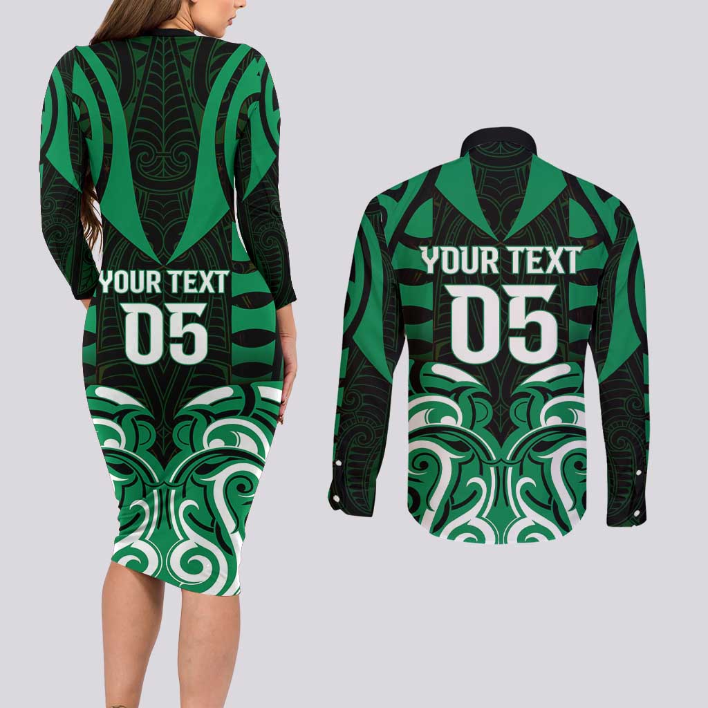 Custom Aotearoa Ngai Tahu Couples Matching Long Sleeve Bodycon Dress and Long Sleeve Button Shirt Maori Pattern New Zealand - Polynesian Pride