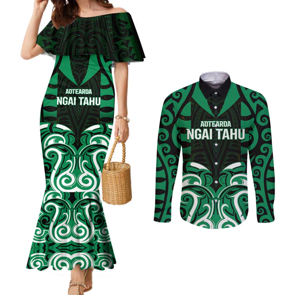 Custom Aotearoa Ngai Tahu Couples Matching Mermaid Dress and Long Sleeve Button Shirt Maori Pattern New Zealand - Polynesian Pride