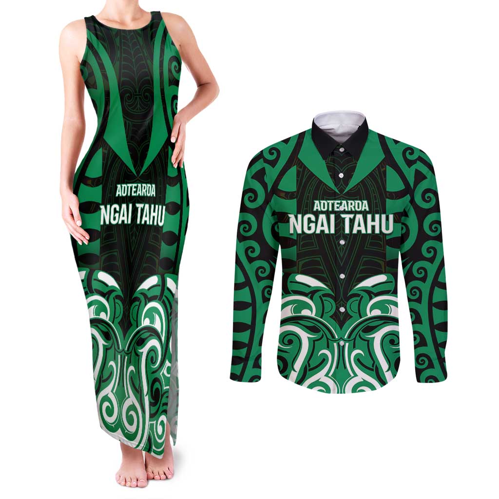 Custom Aotearoa Ngai Tahu Couples Matching Tank Maxi Dress and Long Sleeve Button Shirt Maori Pattern New Zealand - Polynesian Pride