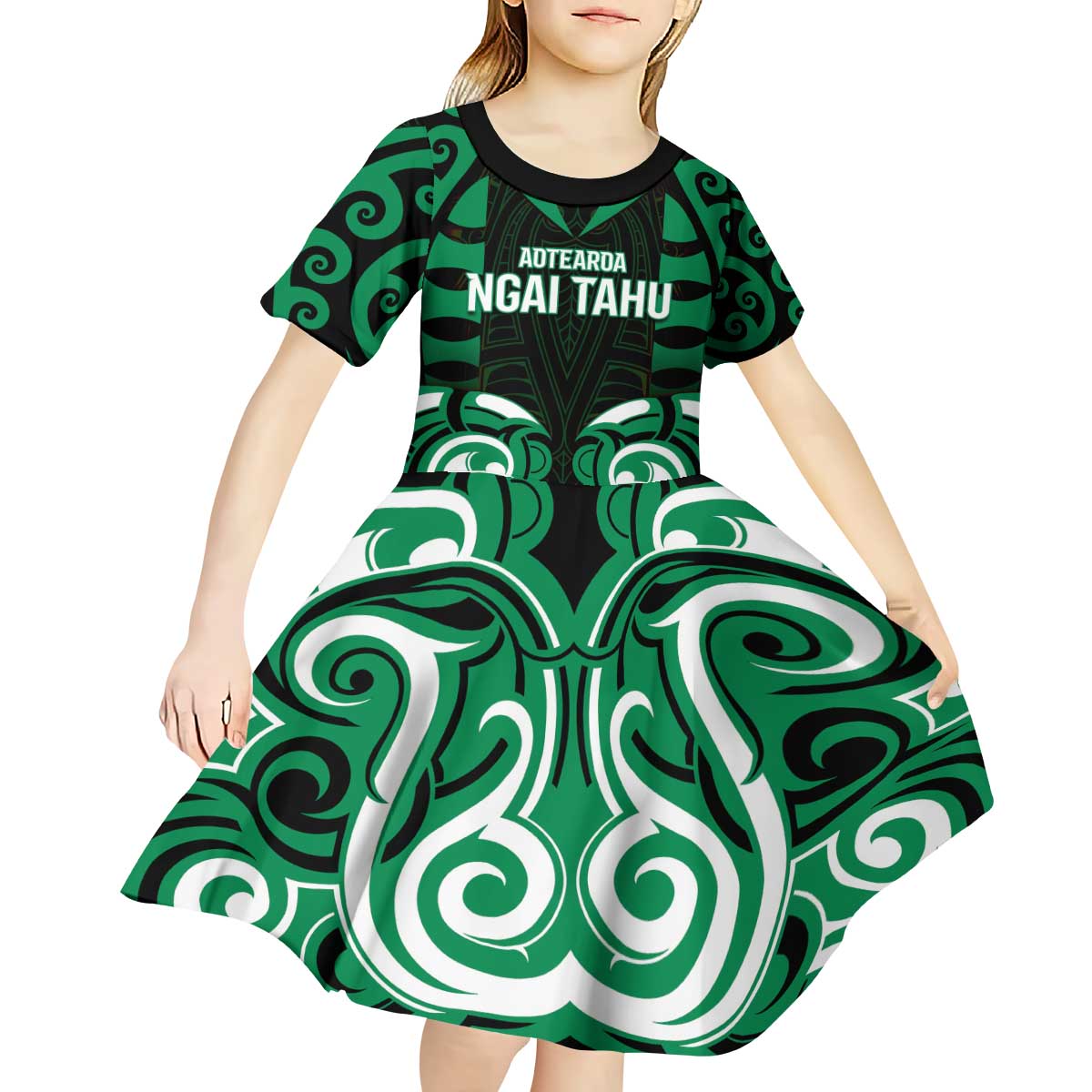Custom Aotearoa Ngai Tahu Kid Short Sleeve Dress Maori Pattern New Zealand - Polynesian Pride