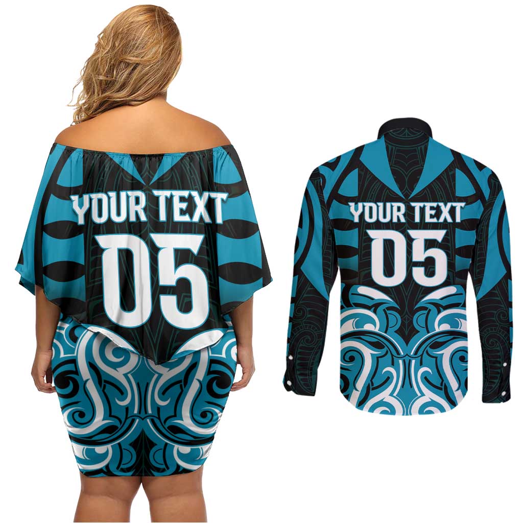 Custom Aotearoa Ngati Porou Couples Matching Off Shoulder Short Dress and Long Sleeve Button Shirt Maori Pattern New Zealand - Polynesian Pride