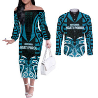 Custom Aotearoa Ngati Porou Couples Matching Off The Shoulder Long Sleeve Dress and Long Sleeve Button Shirt Maori Pattern New Zealand - Polynesian Pride