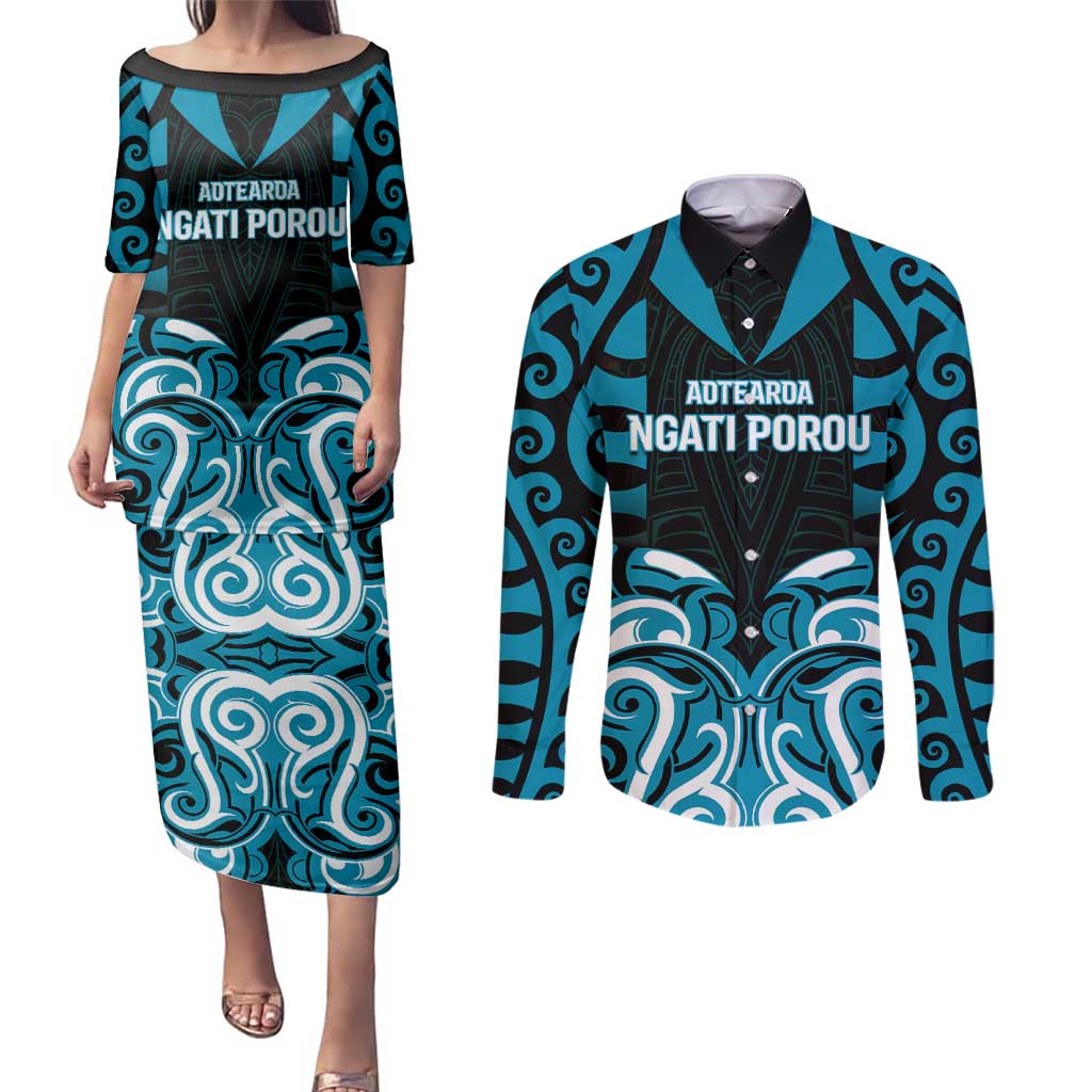 Custom Aotearoa Ngati Porou Couples Matching Puletasi and Long Sleeve Button Shirt Maori Pattern New Zealand - Polynesian Pride