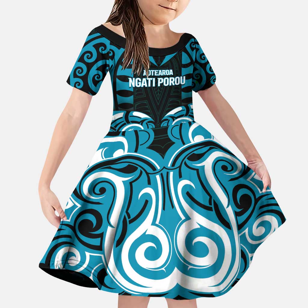 Custom Aotearoa Ngati Porou Family Matching Puletasi and Hawaiian Shirt Maori Pattern New Zealand DT05 Daughter's Dress Blue - Polynesian Pride