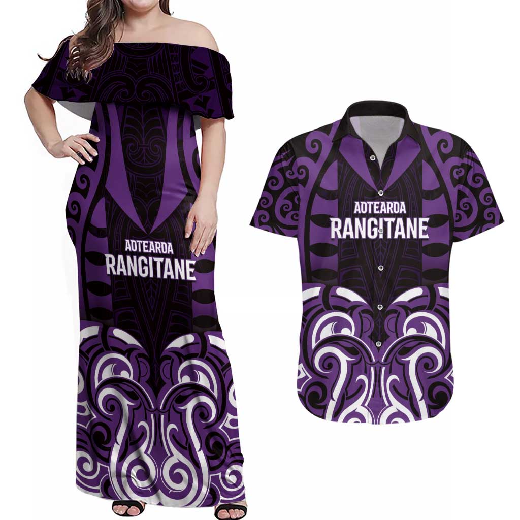 Custom Aotearoa Rangitane Couples Matching Off Shoulder Maxi Dress and Hawaiian Shirt Maori Pattern New Zealand - Polynesian Pride