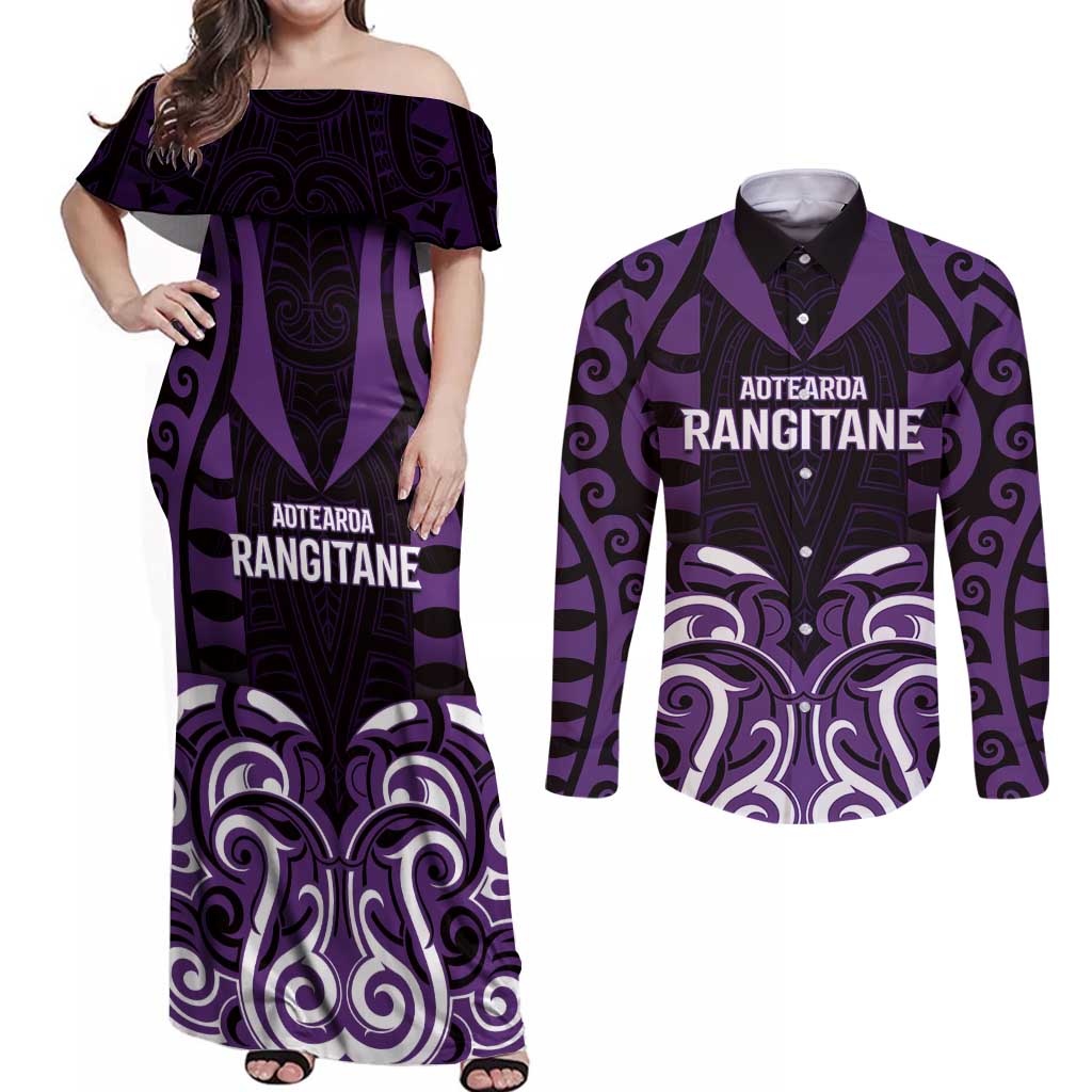 Custom Aotearoa Rangitane Couples Matching Off Shoulder Maxi Dress and Long Sleeve Button Shirt Maori Pattern New Zealand DT05 Purple - Polynesian Pride